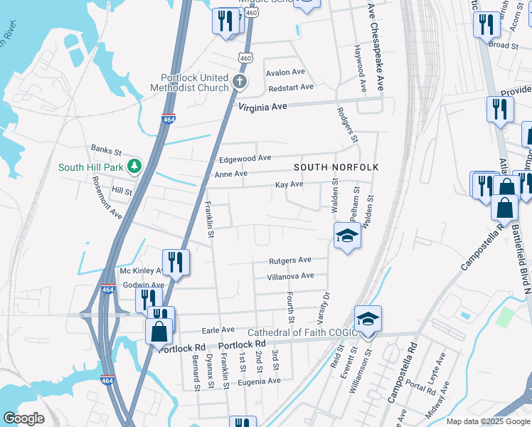 map of restaurants, bars, coffee shops, grocery stores, and more near 3104 Joseph Avenue in Chesapeake