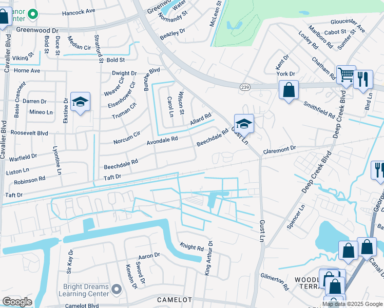 map of restaurants, bars, coffee shops, grocery stores, and more near 304 Beechdale Road in Portsmouth