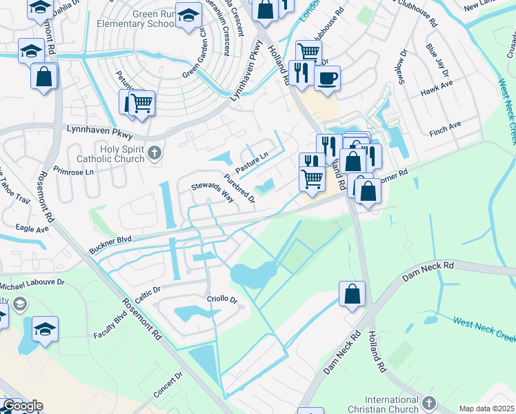 map of restaurants, bars, coffee shops, grocery stores, and more near 3524 Purebred Drive in Virginia Beach