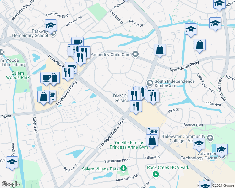 map of restaurants, bars, coffee shops, grocery stores, and more near 1425 Woodbridge Trail in Virginia Beach