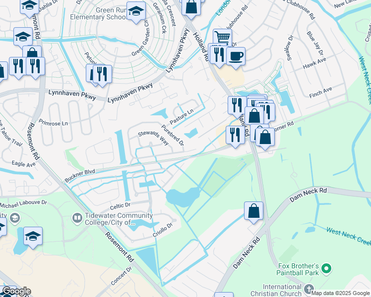 map of restaurants, bars, coffee shops, grocery stores, and more near 3524 Purebred Drive in Virginia Beach