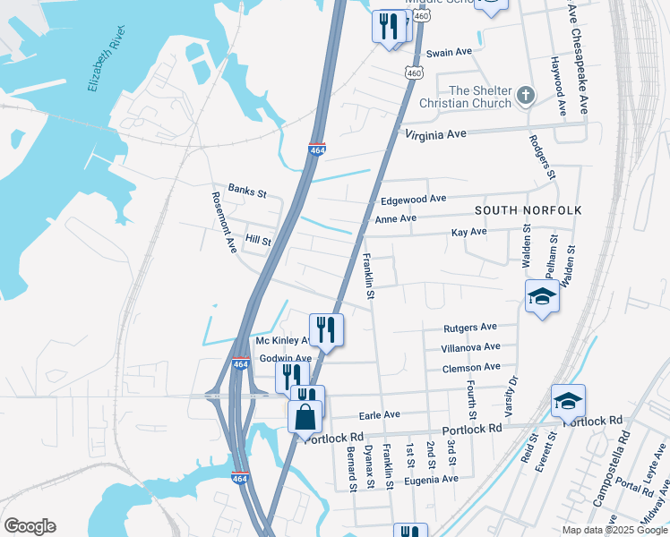 map of restaurants, bars, coffee shops, grocery stores, and more near 1017 Calloway Avenue in Chesapeake