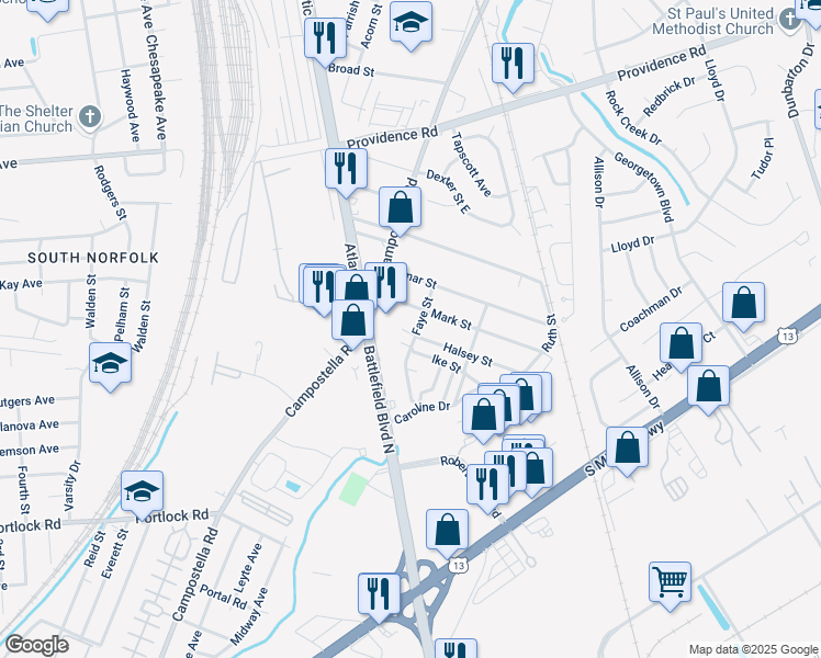 map of restaurants, bars, coffee shops, grocery stores, and more near 2500 Faye Street in Chesapeake