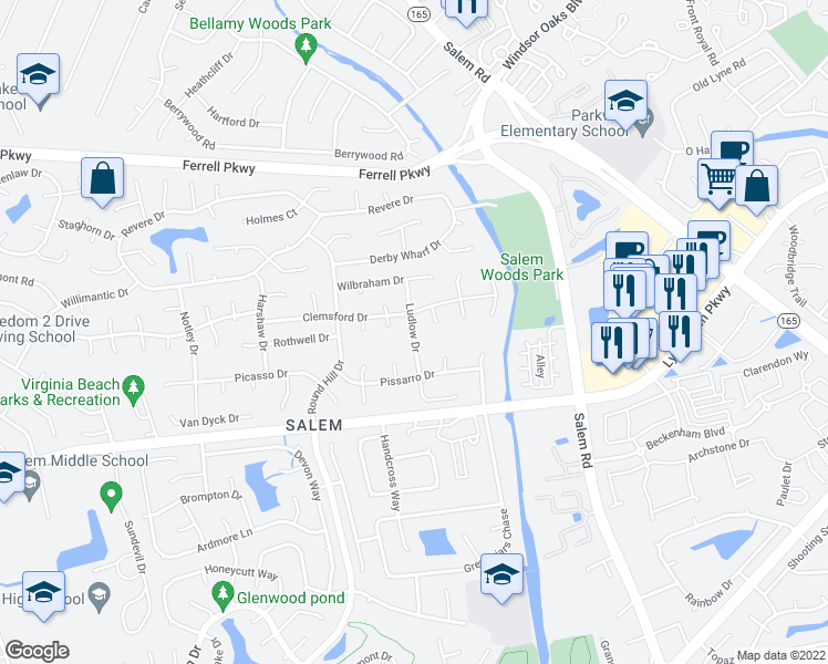 map of restaurants, bars, coffee shops, grocery stores, and more near 1424 Ludlow Drive in Virginia Beach