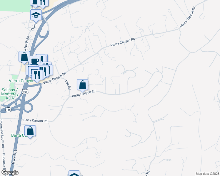 map of restaurants, bars, coffee shops, grocery stores, and more near 8630 Berta Canyon Court in Salinas