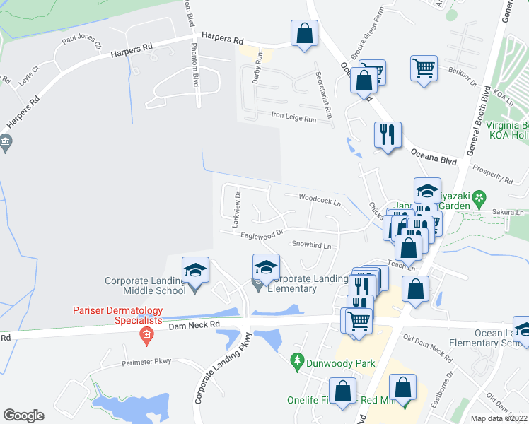 map of restaurants, bars, coffee shops, grocery stores, and more near 1412 Petrell Court in Virginia Beach