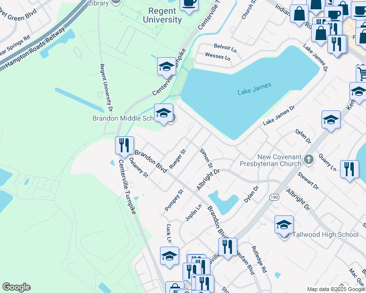 map of restaurants, bars, coffee shops, grocery stores, and more near 1701 Rueger Street in Virginia Beach