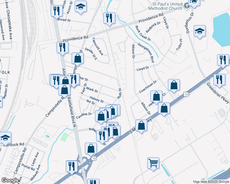 map of restaurants, bars, coffee shops, grocery stores, and more near 2818 Omar Street in Chesapeake