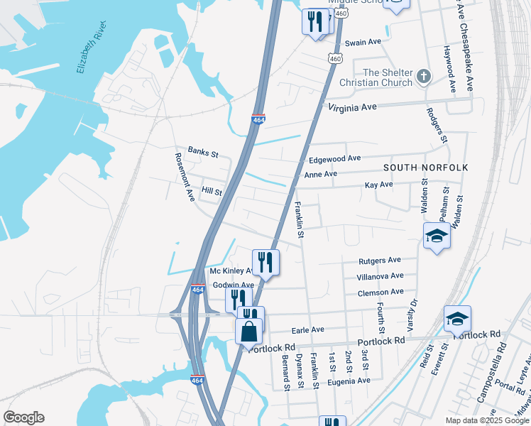 map of restaurants, bars, coffee shops, grocery stores, and more near 1025 Calloway Avenue in Chesapeake