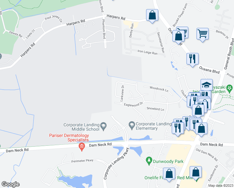 map of restaurants, bars, coffee shops, grocery stores, and more near 1355 Crane Crescent in Virginia Beach