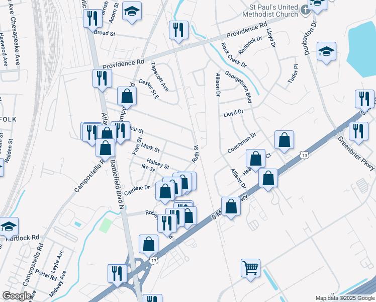 map of restaurants, bars, coffee shops, grocery stores, and more near 2818 Omar Street in Chesapeake