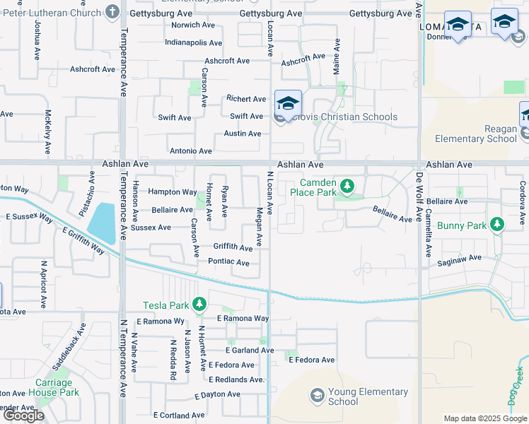 map of restaurants, bars, coffee shops, grocery stores, and more near 3246 Monterosa Lane in Clovis