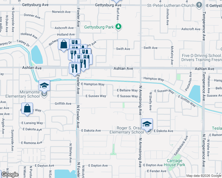 map of restaurants, bars, coffee shops, grocery stores, and more near 3673 North Denali Avenue in Fresno