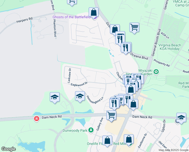 map of restaurants, bars, coffee shops, grocery stores, and more near 1135 Woodcock Lane in Virginia Beach