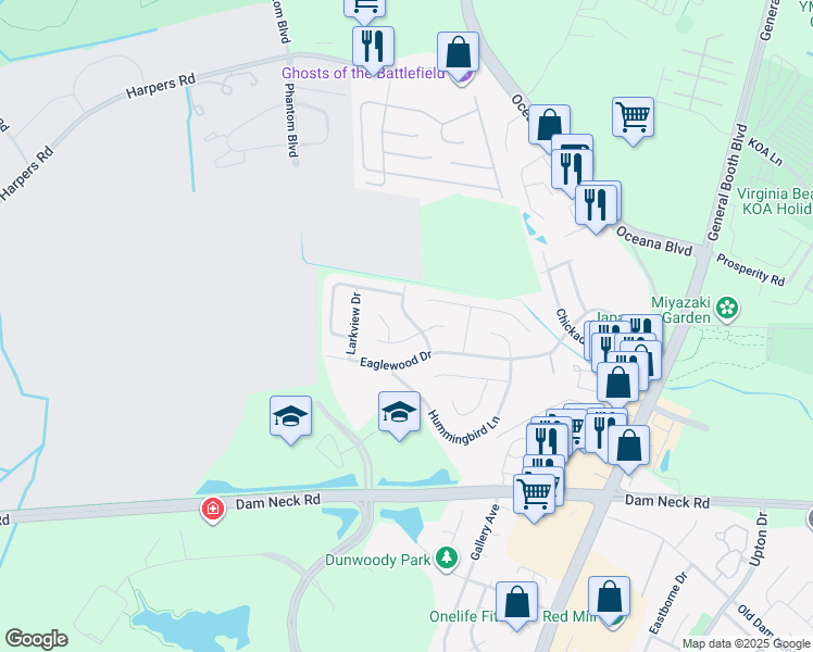 map of restaurants, bars, coffee shops, grocery stores, and more near 1151 Woodcock Lane in Virginia Beach