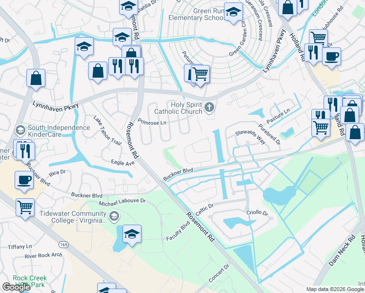 map of restaurants, bars, coffee shops, grocery stores, and more near 1459 Peony Arch in Virginia Beach