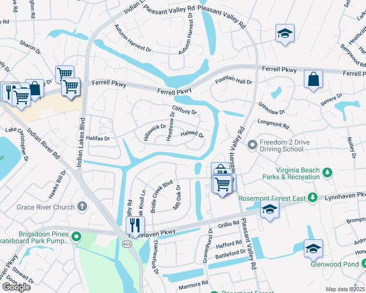 map of restaurants, bars, coffee shops, grocery stores, and more near 4929 Cliffony Drive in Virginia Beach