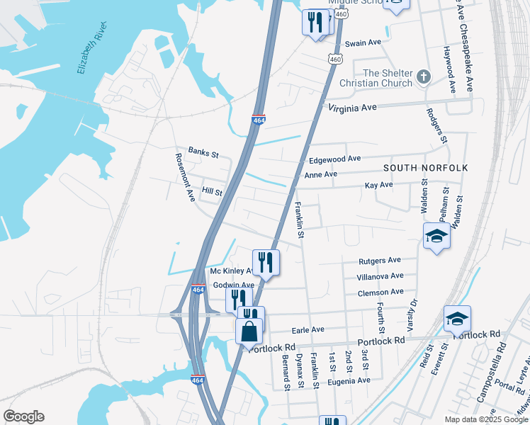 map of restaurants, bars, coffee shops, grocery stores, and more near 1009 Hill Street in Chesapeake