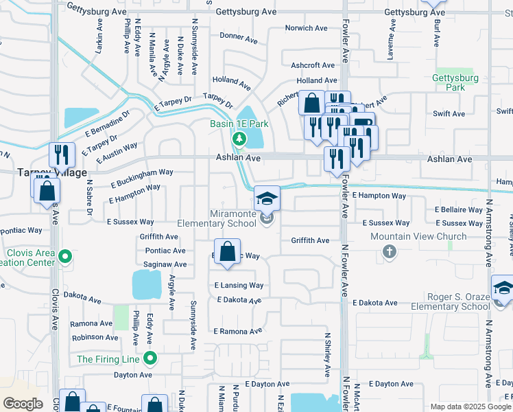 map of restaurants, bars, coffee shops, grocery stores, and more near 3339 Fordham Avenue in Clovis