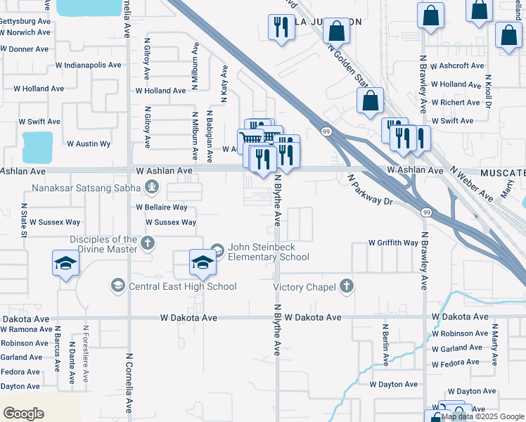 map of restaurants, bars, coffee shops, grocery stores, and more near 3689 North Blythe Avenue in Fresno