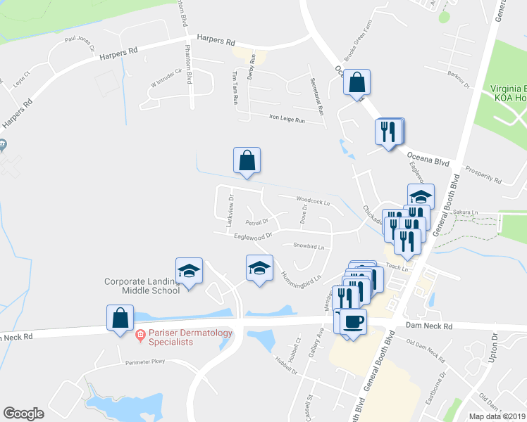 map of restaurants, bars, coffee shops, grocery stores, and more near 1151 Woodcock Lane in Virginia Beach