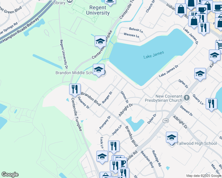 map of restaurants, bars, coffee shops, grocery stores, and more near 1701 Rueger Street in Virginia Beach