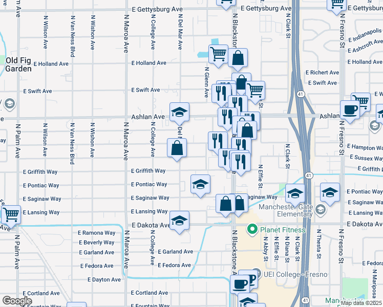 map of restaurants, bars, coffee shops, grocery stores, and more near 1345 East Sussex Way in Fresno