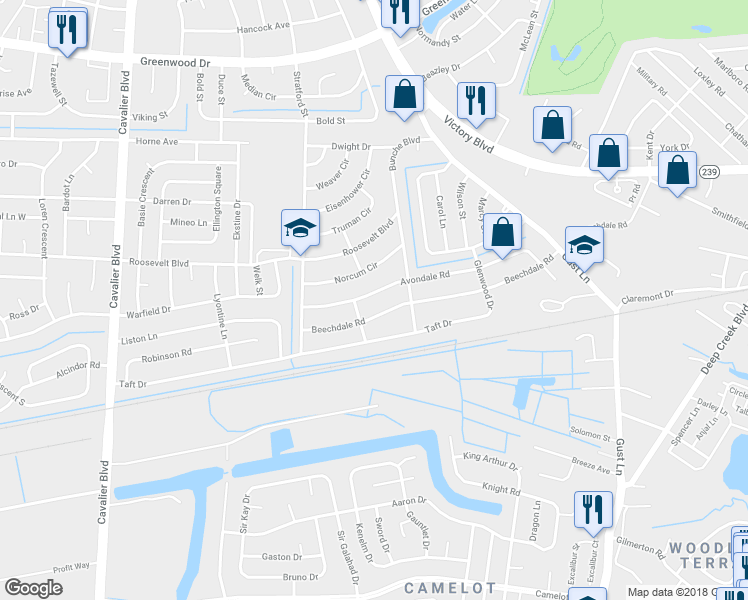 map of restaurants, bars, coffee shops, grocery stores, and more near 411 Avondale Road in Portsmouth
