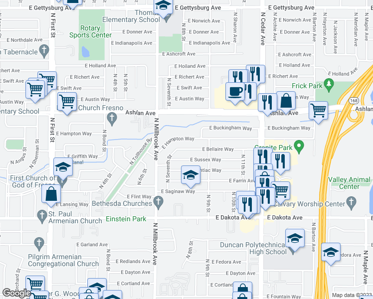 map of restaurants, bars, coffee shops, grocery stores, and more near 3816 East Bellaire Way in Fresno