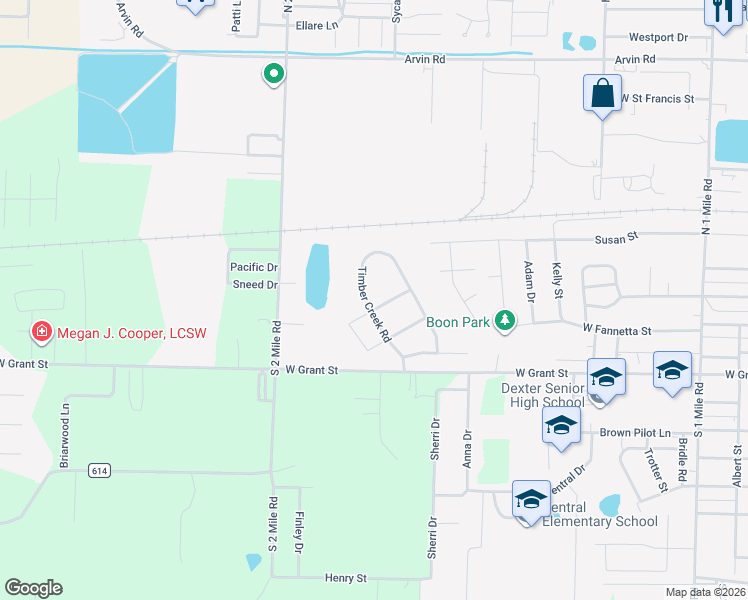 map of restaurants, bars, coffee shops, grocery stores, and more near 1306 Briarcliff Drive in Dexter