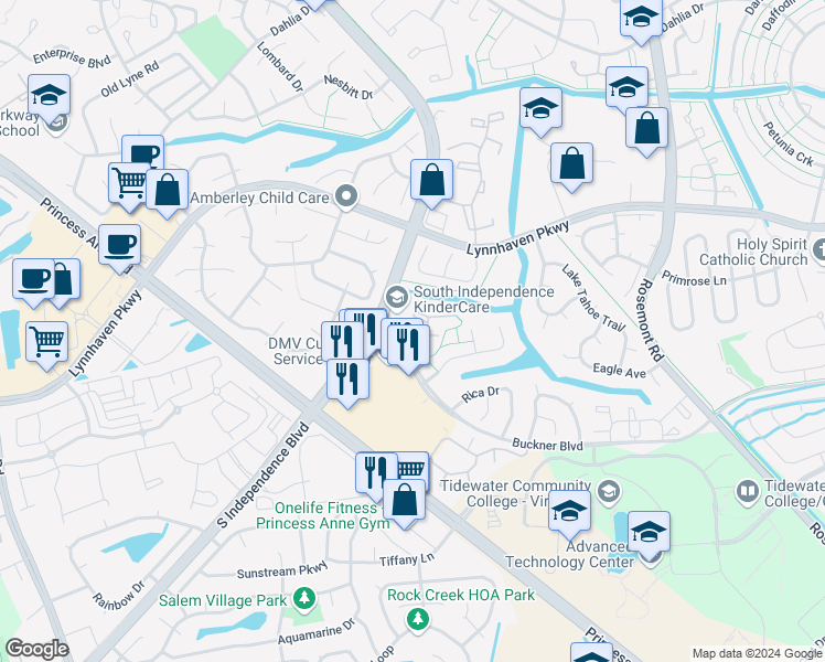 map of restaurants, bars, coffee shops, grocery stores, and more near 3516 Markham Court in Virginia Beach