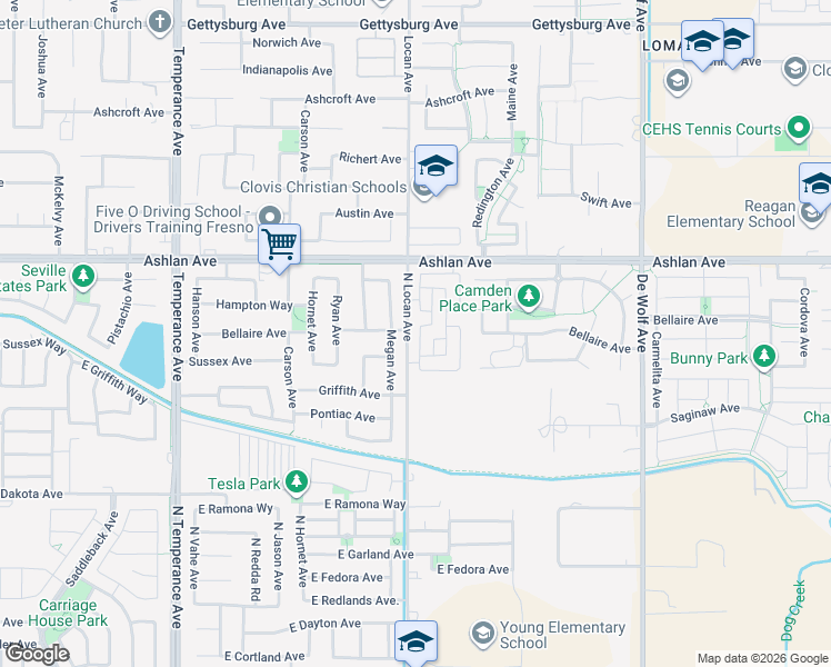 map of restaurants, bars, coffee shops, grocery stores, and more near 3320 Monterosa Lane in Clovis