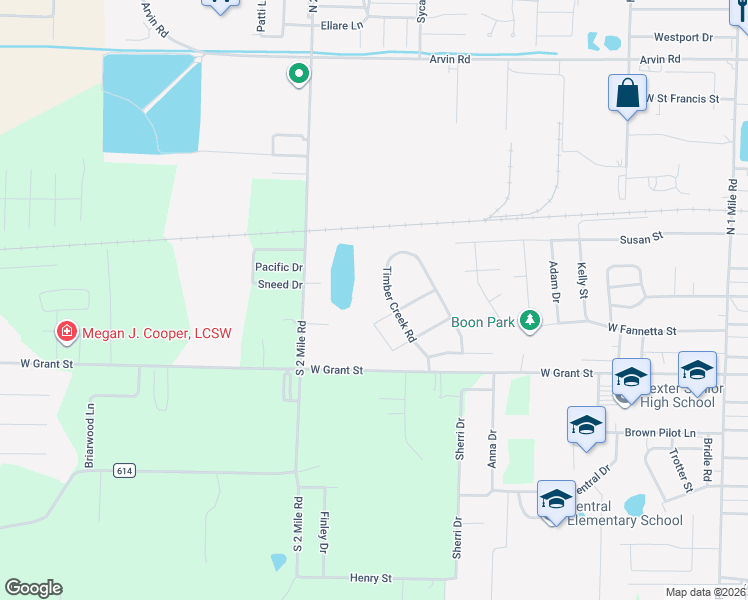 map of restaurants, bars, coffee shops, grocery stores, and more near 10 Timber Creek Road in Dexter