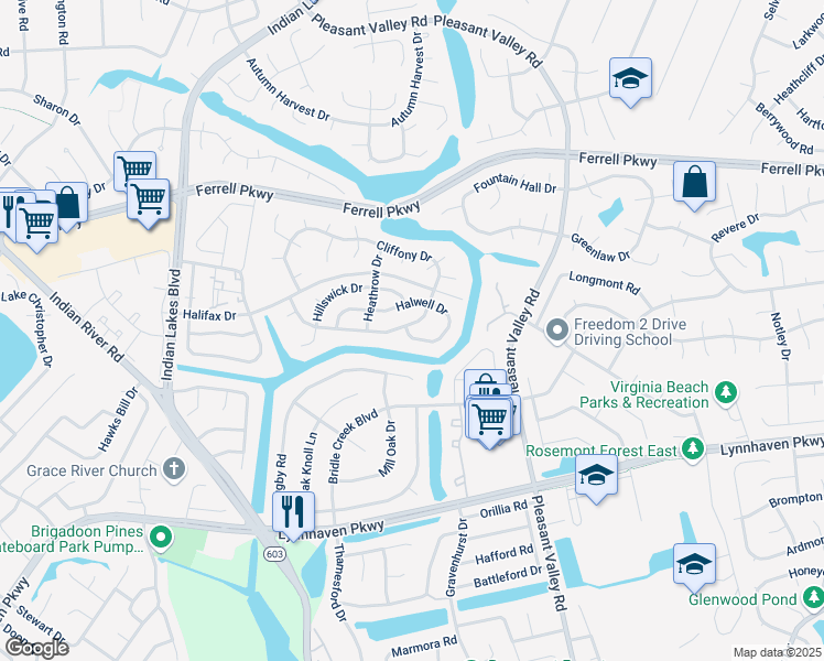 map of restaurants, bars, coffee shops, grocery stores, and more near 4929 Cliffony Drive in Virginia Beach