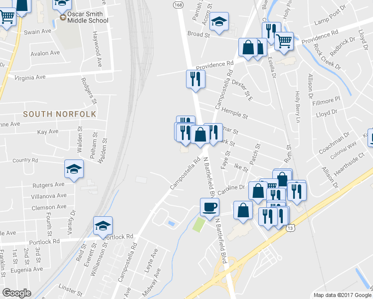 map of restaurants, bars, coffee shops, grocery stores, and more near 2048 Atlantic Avenue in Chesapeake