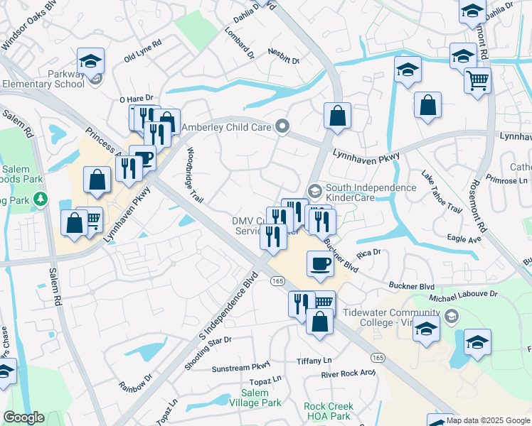 map of restaurants, bars, coffee shops, grocery stores, and more near 1488 Woodbridge Trail in Virginia Beach