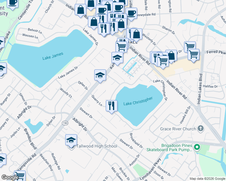 map of restaurants, bars, coffee shops, grocery stores, and more near 1509 Lake Christopher Drive in Virginia Beach