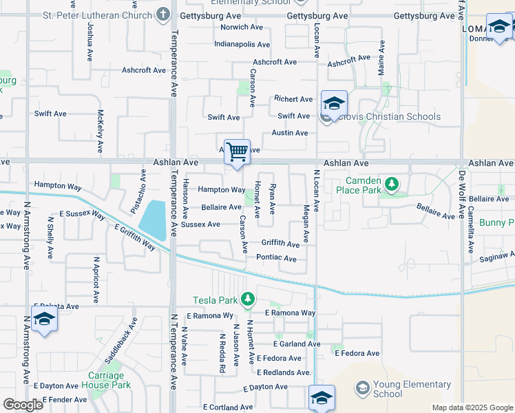 map of restaurants, bars, coffee shops, grocery stores, and more near 3847 Bellaire Avenue in Clovis