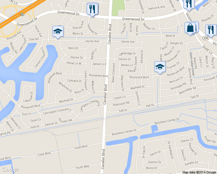 map of restaurants, bars, coffee shops, grocery stores, and more near 1611 Cavalier Boulevard in Portsmouth