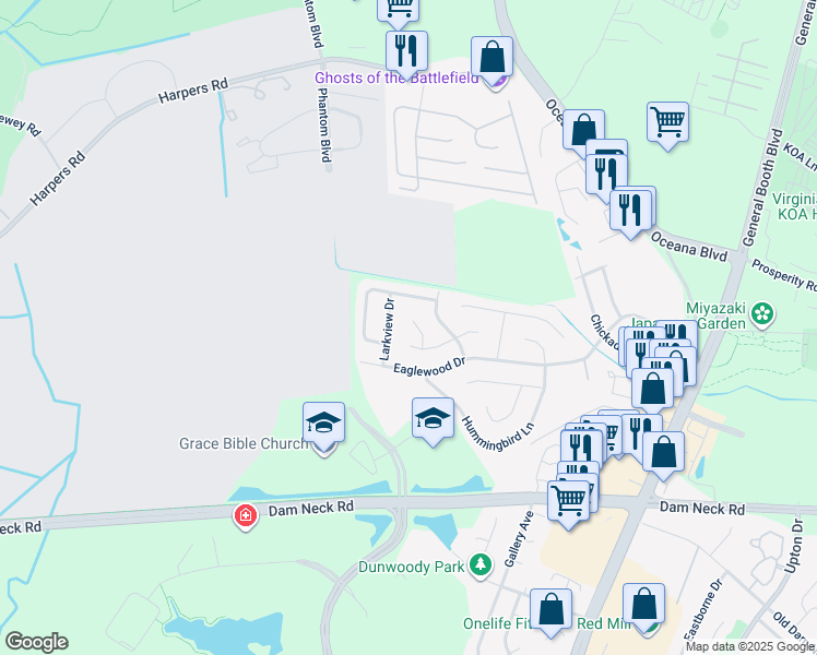 map of restaurants, bars, coffee shops, grocery stores, and more near 1407 Petrell Court in Virginia Beach