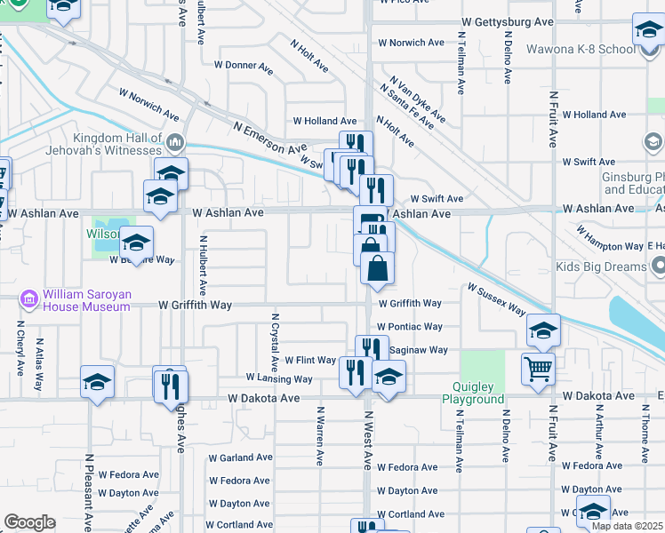 map of restaurants, bars, coffee shops, grocery stores, and more near 4105 North West Avenue in Fresno