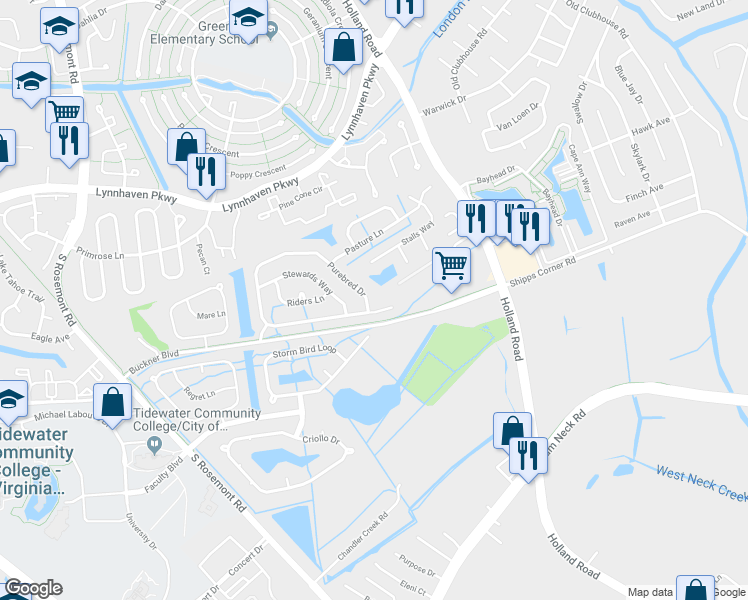 map of restaurants, bars, coffee shops, grocery stores, and more near 3837 Purebred Drive in Virginia Beach