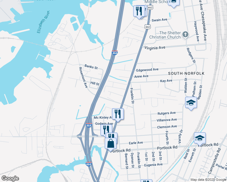 map of restaurants, bars, coffee shops, grocery stores, and more near 1039 Calloway Avenue in Chesapeake