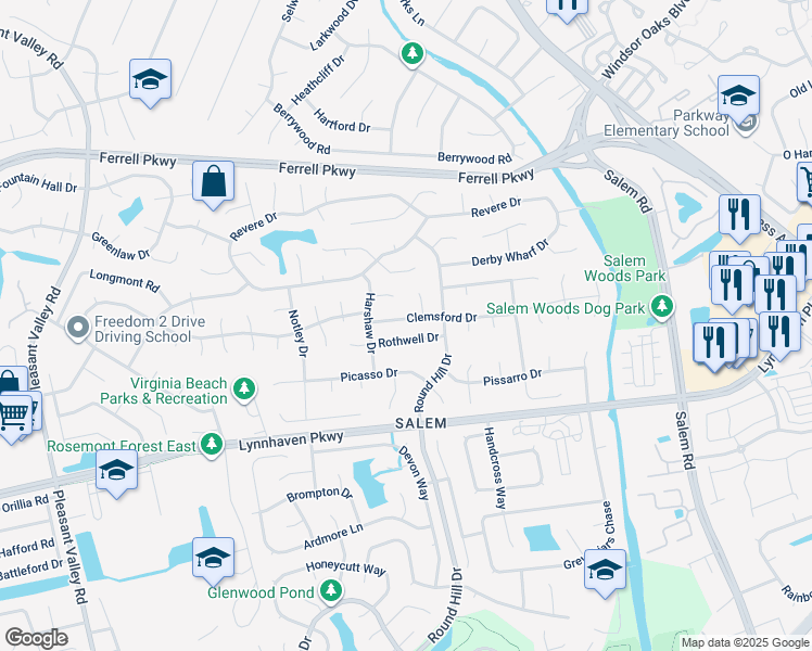 map of restaurants, bars, coffee shops, grocery stores, and more near 1413 Clemsford Court in Virginia Beach