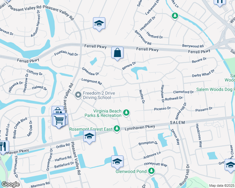 map of restaurants, bars, coffee shops, grocery stores, and more near 1513 Gedney Court in Virginia Beach