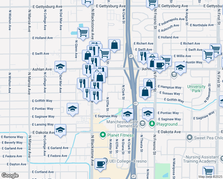 map of restaurants, bars, coffee shops, grocery stores, and more near 2013 East Sussex Way in Fresno