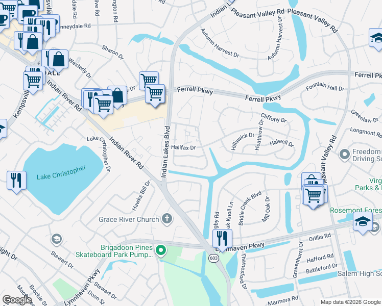 map of restaurants, bars, coffee shops, grocery stores, and more near 5234 Johnstown Lane in Virginia Beach