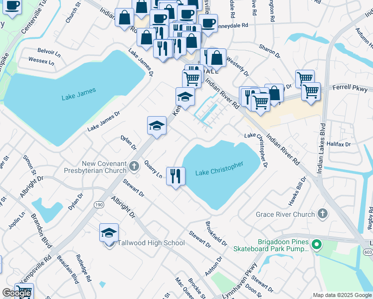 map of restaurants, bars, coffee shops, grocery stores, and more near 1508 Lake Christopher Drive in Virginia Beach