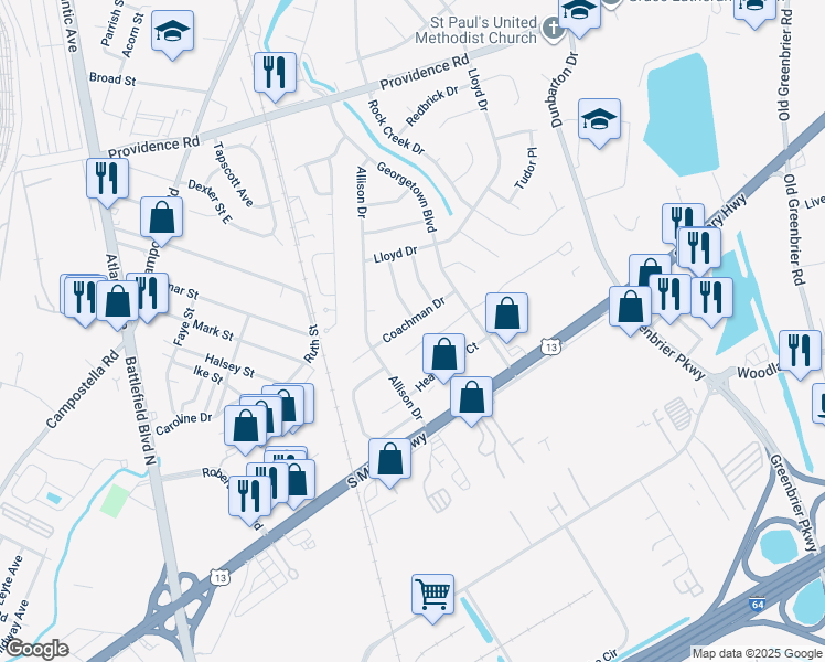 map of restaurants, bars, coffee shops, grocery stores, and more near 240 Coachman Drive in Chesapeake