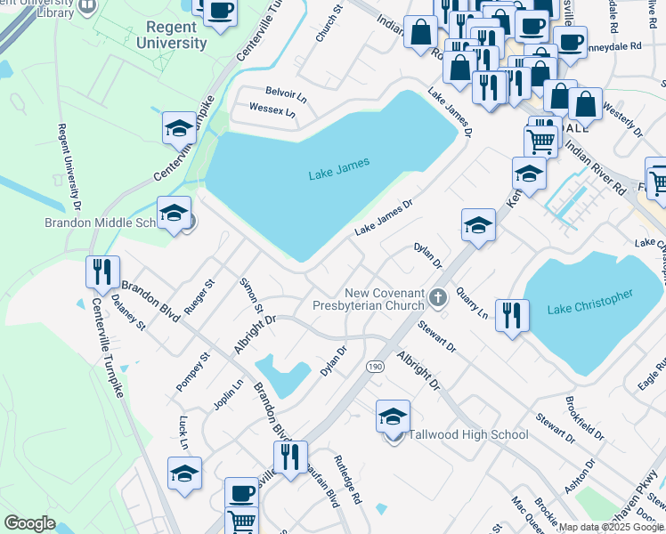 map of restaurants, bars, coffee shops, grocery stores, and more near 5404 Carisbrooke Court in Virginia Beach